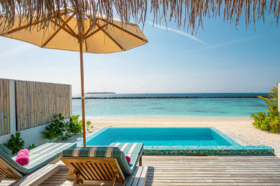 Beach house view of the ocean from a deck chair