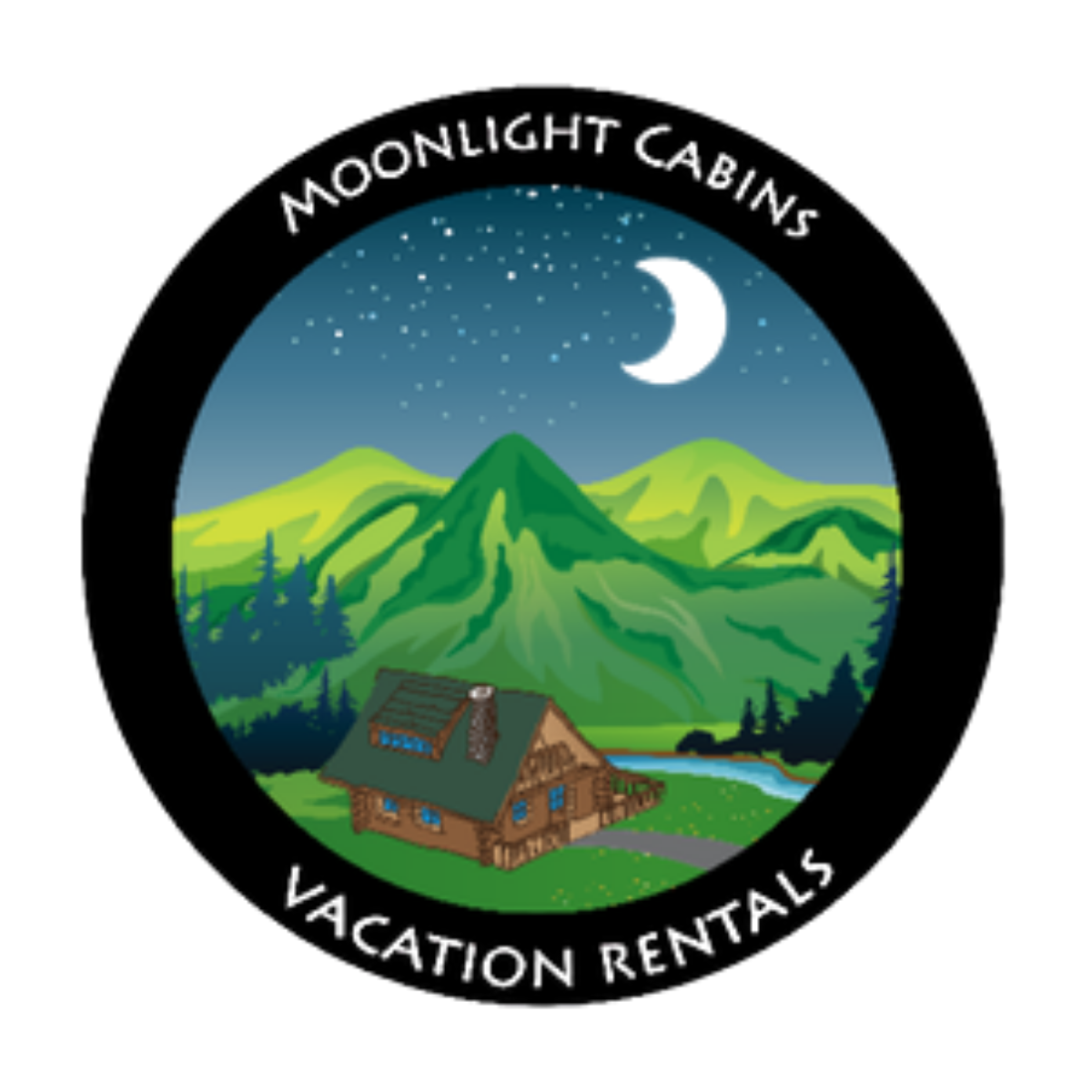 Moonlight Cabins logo featuring a mountain landscape, cabin, and river illustration.